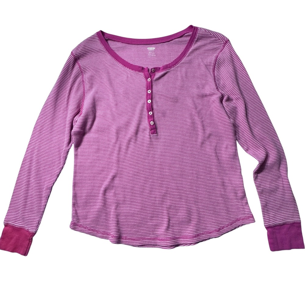 Old Navy Henley Top Womens XXL Pink Striped Waffle Knit Casual Preppy Cozy